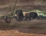 Lot# 041 Armin Carl Hansen (1886-1957)		

Armin Carl Hansen N.A. (1886-1957 Monterey, CA), Elephants Putting up the Big Top, likely Monterey, est:$5000/7000
