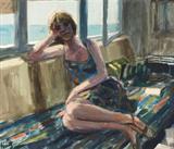 Lot# 064 Roger Edward Kuntz (1926-1975)		

Roger Edward Kuntz (1926-1975 Laguna Beach, CA), Girl and Windows I, Young Girl Lounging by a Window, est:$1000/1500