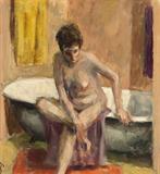 Lot# 065 Roger Edward Kuntz (1926-1975)		

Roger Edward Kuntz (1926-1975 Laguna Beach, CA), Girl and Tub II, Nude Seated on a Bathtub, est:$800/1200
