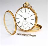 Lot# 1015 An antique 18K gold pocket watch, F.B. Adams and Sons, London 









The circular white porcelain dial with black Roman numerals, sub-seconds dial, blued steel hands, attached to key wind and key-set fusee movement marked F. B. Adams & Sons London St. Johns Square No. #72683, with dust cover, within an 18K yellow gold open face engine turned case, hallmarked to case interior and stem; gross weight: 127 gms, diameter excluding stem: 53 mm. est:$1000/1500