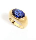 Lot# 1029 An oval sapphire and 18K yellow gold ring 









Tested 18K, centering a modified mixed oval cut blue sapphire with AGL report, #CS 46534, dated October 13, 2011 stating Natural Corundum, no heat, origin Ceylon (Sri Lanka), weighing approximately 7.90 cts, shank slightly out of round, approximately size 5.5. est:$10,000/15,000