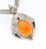 Lot# 1030 A fire opal, diamond, emerald and onyx necklace 









Centering an Art Deco platinum-topped yellow gold plaque pendant, circa 1920, set with an oval cabochon fire opal measuring 25 x 20.8 x 9.5 mm, surrounded by 14 old European and 140 rose-cut diamonds totaling approximately 2.50 cts, and graded H-J color and SI clarity; further accented by emeralds and onyx highlights, attached to a later added 14K white gold chain, 72.8 grams, 19'' long. est:$6000/8000