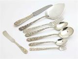 Lot# 1045 A sterling silver flatware service, Kirk & Sons ''Repousse'' 









19th / 20th century, variously marked ''S. Kirk & Son Sterling'' and ''S. Kirk & Son Inc. Sterling'', an assembled part service for six, comprising: 6 dinner forks (7.25''), 6 cocktail / seafood forks (5.25''), 6 teaspoons (5.75''), 6 cream soup spoons (7.25''), 6 oval soup spoons (7.25''), 6 iced tea spoons (7.5''), 6 hollow handle steel-bladed knives (8.75''), 6 flat handle butter spreaders (5.25''), 1 pastry server (9.5''), most pieces monogrammed to underside ''MSH'', 49 pcs, weighable sterling 56.8 oz troy approximately. est:$1900/2400