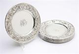Lot# 1046 Six sterling silver bread plates, Kirk & Sons ''Repousse'' 









19th century, marked ''S. Kirk & Son Sterling'', four further marked ''127F'' and two further marked ''127'', each 6.26'' Dia., each monogrammed ''MSH'', 6 pcs, 24.2 oz troy approximately. est:$700/900