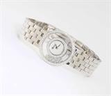 Lot# 1068 A ladies 18K white gold bracelet wristwatch, Chopard 'Happy Diamonds' 









The circular mother of pearl dial signed Chopard Swiss Made, 5 lose bezeled diamonds within a glazed channel between two inset diamond bezels, integrated link bracelet with concealed double folding deployment clasp with two extra links; dial, case, and clasp properly signed and hallmarked, Ref. 4527/209199, Serial # 588055, weight: 106 gms gross, cir: 7'', with stock box. est:$3500/5500