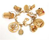 Lot# 1089 A 14K yellow gold, cultured pearl and gem-set charm bracelet 









Suspending 9 gold and gem-set charms and one gilt charm, 7.25''. 103 gms of gold. est:$2500/3500
