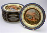 Lot# 1107 A set of twelve Vienna porcelain plates 









First half 20th century, each with blue beehive mark and title to reverse, each with blue, cream and gilt-decorated borders, each centering a different mythological scene, the first: ''Autumn'', signed Elli Wieden; the second: ''The Spring'', signed Jos. Ruhs; the third: ''Spring'', signed R. Staral; the fourth: ''At the Source'', signed K. Burklen; the fifth: ''Decoration of Amor'', signed O. Vanicka; the sixth: ''Amors (sic) Guide'', signed K. Radler; the seventh: ''Flower Harvest'', signed G. Reif; the eighth: ''Amors Tryumpf (sic)'', signed W. Goltsch; the ninth: ''Leda'', signed K. Wildner; the tenth: ''At Full Galopp (sic)'', signed F. Hiebel; the eleventh: ''Amor Captive'', signed F. Hiebel; the twelfth: ''My Darling'', signed Elli Wieden; 12 pcs, each. 0.75'' H x 10.75'''' Dia. est:$2000/3000