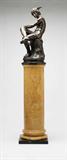 Lot# 1112 A French patinated bronze figure of Hermes, Marius Montagne 









1867, signed ''Marius Montagne'' (Pierre Marius Montagne 1828 - 1879), depicting Hermes (Mercury) seated on a tree stump and holding a sword, on a faux marble-painted plaster and wood column pedestal on a square wooden base, the bronze alone. 31.25'' H x 12.5'' Dia. est:$5000/7000