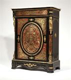Lot# 1113 A gilt bronze-mounted Louis XIV style ''Boulle'' marquetry ebonized wood cabinet 









First half 20th century, decorated overall with gilt metal inlay, the eared rectangular white marble top over a hinged door enclosing three shelves. 42.75'' H x 32.5'' W x 16'' D. est:$1500/2000