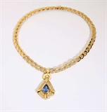 Lot# 1128 A sapphire, diamond and 14K gold necklace 









The pear-shaped sapphire pendant measuring 13.5 x 9.5 x 6.99 mm, with AGL report #CS47040 dated November 10, 2011, stating natural corundum, heat treatment and Ceylon origin, set with 144 full-cut diamonds around pendant and partial links totaling approximately 1.75 cts, graded I-J color and SI clarity, 16.25'', 57.3 gms. est:$5000/7000
