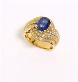 Lot# 1130 A sapphire, diamond and 18K yellow gold ring 









Centering an oval sapphire surrounded by 88 full-cut diamonds totaling approximately 0.50 ct graded I-J color and VS clarity, size 5, 8.3 gms. est:$1500/2000