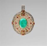 Lot# 1129 An emerald, diamond, ruby and 18K two-tone gold pendant-brooch, Mia B 









Signed Mia B., the filigree pendant-brooch centering a large emerald cabochon measuring 20.5 x 15 mm, set with 62 full-cut diamonds totaling approximately 1.80 cts, graded H-I color and SI clarity, 2.5'' x 1.75'', 32.4 gms. est:$3000/4000