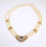 Lot# 1170 A double-strand cultured pearl, diamond, gem-set and gold necklace 









With 14K yellow gold spacers and sapphire, diamond and 14K yellow gold clasp, set with 61 full-cut diamonds totaling approximately 0.50 ct, graded J-K color and SI clarity, the pearls approximately 6.5mm, 15.5''. est:$2000/3000