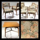 Lot# 1186 A dining table and chairs, Monteverdi Young 









Mid 20th century, apparently unmarked, mahogany, including: an adjustable rectangular table with three leaves, 2 armchairs and 2 side chairs with later replaced upholstery ( D), 14 pcs, the table, closed and without leaves. 30'' H x 82.5'' W x 48'' D. est:$2000/3000