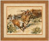 Lot# 1192 James Lee Colt (1922-2005 Palm Springs, CA) 









''Maverick'', Cowboy Roping Steer. sight size: 17'' H x 21.25'' W. est:$600/800
