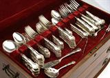 Lot# 1201 A sterling silver flatware service, Gorham ''Rondo'' 









Second half 20th century, marked ''Gorham Sterling'', a service for 12, comprising: 12 dinner forks (7.25''), 12 salad forks (6.75''), 12 stainless-tined fruit forks (7''), 12 cocktail / seafood forks (5.5''), 20 teaspoons (5.75''), 12 cream soup spoons (6.5''), 9 iced tea spoons (7.5''), 10 five o'clock teaspoons (4.25''), 12 hollow handle steel-bladed knives (8.75''), 12 hollow handle steel-bladed steak knives (8.75''), 12 flat handle butter spreaders (5.75''), 1 master butter knife (7''), 1 butter pick (5.75''), 4 serving spoons (8.5''), 1 pierced serving spoon (8.5''), 1 cold meat serving fork (8''), 1 gravy ladle (6''), 1 cream ladle (5.25''), 1 lemon fork (4.5''), 1 hollow handle steel-bladed cheese server (6.75''), 1 hollow handle steel-bladed pie server (10''), 1 hollow handle steel-pronged cake breaker (10.75''), 1 hollow handle steel-bladed pastry server (9.75''), 1 pair sugar tongs (4''), 1 pierced bonb