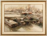 Lot# 1181 Ritchie Allen Benson (1941-1996 Los Angeles, CA)		

Misty II, docked boat. sight size: 24.75'' H x 35.25'' W. est:$600/800