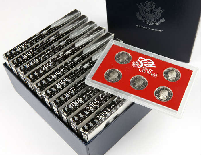 Lot# 1001 Group lot US Mint 50 Silver State Quarters
Two each of 2004 - 2008 US Mint 50 state quarters, silver proof sets (10 total sets), est:$150/250