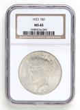 Lot# 1008 1923 U.S. $1 Peace Dollar Silver Coin, MS 65
NGC# 19592340-001, NGC Graded Population 239615, NGC Census 33045/2855, NGC PRICE GUIDE: $181.00