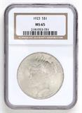 Lot# 1007 1923 U.S. $1 Peace Dollar Silver Coin, MS 65
NGC# 2181053-051, NGC Graded Population 239615, NGC Census 33045/2855, NGC PRICE GUIDE: $181.00