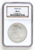 Lot# 1009 1934 D U.S. $1 Peace Dollar Silver Coin, MS 62
NGC# 2125581-001, NGC Graded Population 3934, NGC Census 769/2058, NGC PRICE GUIDE: $228.00