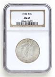 Lot# 1011 1940 Walking Liberty Half Dollar Silver Coin, MS 65
NGC# 1894429-001, NGC Graded Population 3661, NGC Census 1252/983, NGC PRICE GUIDE: $169.00