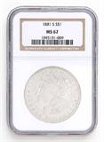 Lot# 1018 1881 S Morgan $1 Dollar Silver Coin, MS 67
NGC# 1893181-009, NGC Graded Population 200768, NGC Census 3956/195, NGC PRICE GUIDE: $790.00