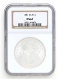 Lot# 1026 1881 CC Morgan $1 Dollar Silver Coin, MS 66
NGC# 1939150-001, NGC Graded Population 15101, NGC Census 1201/151, NGC PRICE GUIDE: $1,460.00