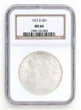 Lot# 1028 1921 D Morgan $1 Dollar Silver Coin, MS 66
NGC# 1995102-003, NGC Graded Population 12725, NGC Census 275/9, NGC PRICE GUIDE: $1,160.00
