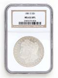 Lot# 1035 1881 S Morgan $1 Dollar Silver Coin, MS 65 DPL
NGC# 2503129-004, NGC Graded Population 1281, NGC Census 316/104, NGC PRICE GUIDE: $830.00