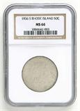 Lot# 1063 1936 S Rhode island (1636-1936), Hope, Silver Half Dollar, MS 66
NGC# 1886642-003, NGC Graded Population 1419, NGC Census 185/20, NGC PRICE GUIDE: $563.00