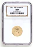 Lot# 1091 1997 W Jackie Robinson $5 Gold Coin, MS 69
NGC# 3046876-014, NGC Graded Population 643, NGC Census 419/213, NGC PRICE GUIDE: $3,380.00