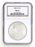 Lot# 1094 1883 CC Morgan $1 Dollar Silver Coin, MS 63
NGC# 2181053-013, NGC Graded Population 33588, NGC Census 8607/22020, NGC PRICE GUIDE: $234.00