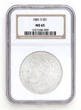Lot# 1097 1881 S Morgan $1 Dollar Silver Coin, MS 65
NGC# 1921348-009, NGC Graded Population 200768, NGC Census 48474/19817, NGC PRICE GUIDE: $194.00