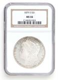 Lot# 1115 1879 S Morgan $1 Dollar Silver Coin, MS 66
NGC# 2184353-002, NGC Graded Population 80632, NGC Census 6931/2214, NGC PRICE GUIDE: $444.00