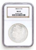 Lot# 1120 1882 CC Morgan $1 Dollar Silver Coin, MS 65
NGC# 447974-008, NGC Graded Population 25521, NGC Census 4470/1032, NGC PRICE GUIDE: $531.00