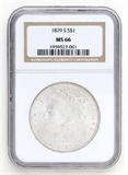 Lot# 1118 1879 S Morgan $1 Dollar Silver Coin, MS 66
NGC# 1959527-001, NGC Graded Population 80632, NGC Census 6931/2214, NGC PRICE GUIDE: $444.00
