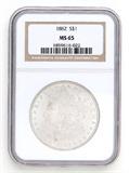 Lot# 1121 1882 Morgan $1 Dollar Silver Coin, MS 65
NGC# 1859616-022, NGC Graded Population 14647, NGC Census 1126/261, NGC PRICE GUIDE: $550.00