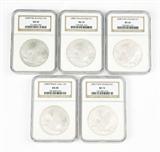 Lot# 1153 Group lot of Five 2008 P Bald Eagle Silver One Dollar Coins, Graded MS 70