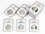 Lot# 1157 Group lot of 16 Graded American Eagle One Dollar Silver Coins
Including: One 2005 Eagle PF 69 Ultra Cameo; One 2006 Eagle PF 70 Ultra Cameo; One 2006 Eagle MS 69; One 2006 Eagle Early Releases MS 69; Five 2007 Eagle PF 69 Ultra Cameo; Two 2007 Eagle MS 70; One 2007 Eagle Early Releases MS 69; One 2008 Eagle MS 70; One 2008 Eagle Early Releases MS 69; One 2008 Eagle PF 69 Ultra Cameo; One 2008 Eagle PF 70 Ultra Cameo , est:$1000/1200