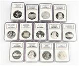 Lot# 1160 Group lot of 26 Graded US Silver One Dollar Commemorative Coins
Inlcuding: One 1987 S Constitution PF 69 Ultra Cameo; One 1997 P Constitution MS 70; One 1992 W White House PF 69 Ultra Cameo; One 1991-1995 D WWII MS 69; One 1994 D World Cup MS 68 PL; One 1999 P Dolley Madison MS 69; One 1999 P Dolley Madison PF 69 Ultra Cameo; One 2005 P John Marshall PF 69 Ultra Cameo; One 2005 P John Marshall MS 69; One 2005 P Marines PF 69 Ultra Cameo; One 2005 P Marines MS 69; Two 2006 P Ben Franklin Scientist MS 70; Two 2006 P Ben Franklin Scientist PF 69 Ultra Cameo; One 2006 P Ben Franklin Founding Father PF 69 Ultra Cameo; Two 2006 P Ben Franklin Founding Father MS 70; One 2006 P Ben Franklin Founding Father PF 70 Ultra Cameo; One 2006 S San Francisco Old Mint PF 69 Ultra Cameo; One 2006 S San Francisco Old Mint MS 69; One 2007 P Little Rock School Desegregation PF 69 Ultra Cameo; One 2007 P Little Rock School Desegregation MS 70; One 2007 P Jamestown PF 70 Ultra Cameo; Two 2007 P J