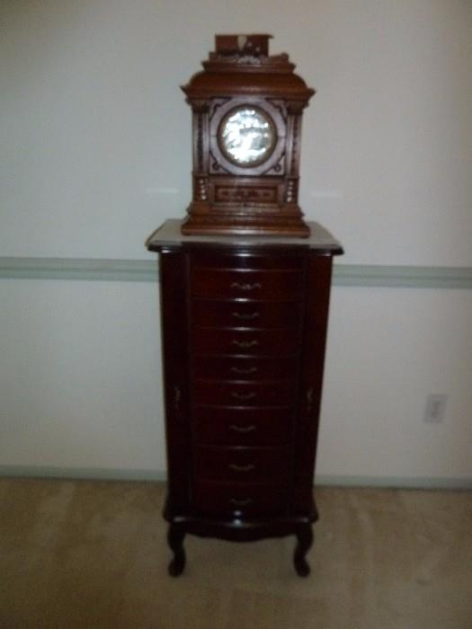 Antique wood mantel clock/ Jewelry amoire