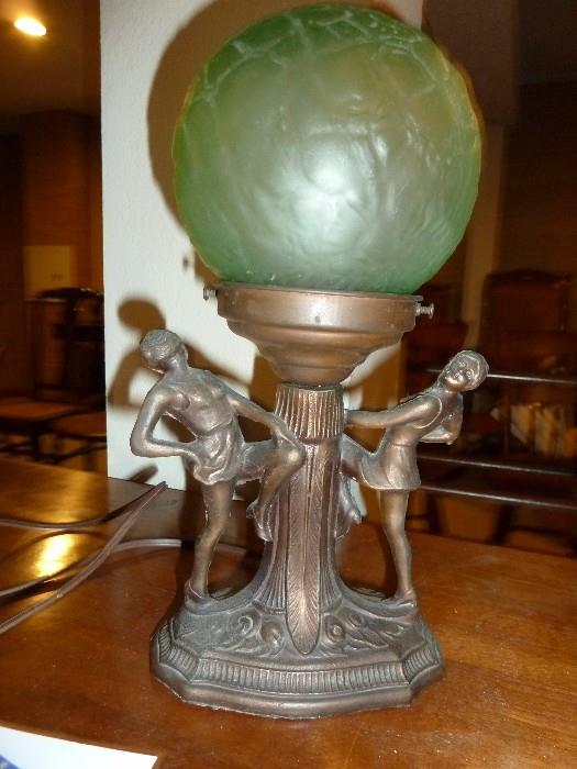 1930s - ART DECO TWO DANCING GIRLS CHROMED FIGURAL TABLE LAMP w/ BALL SHADE