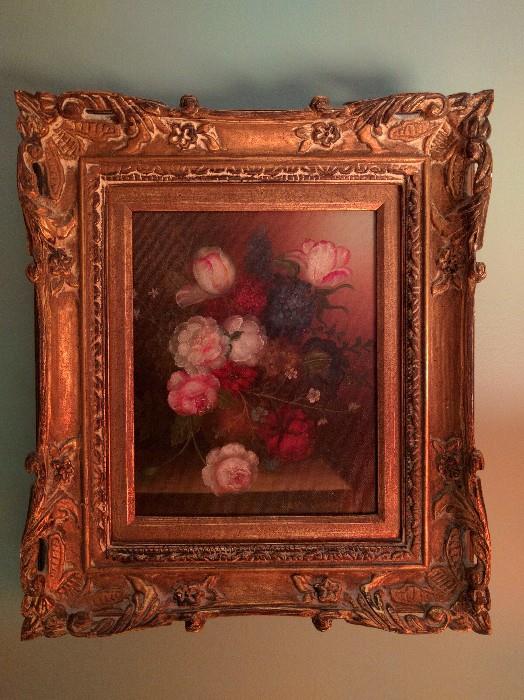 Original, small oil painting in foofy wooden frame.