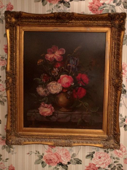 And for all you size queens, here's a really BIG original oil painting, in an even foofier wooden frame.                    Dig that "Dynasty" era floral wallpaper - yep this was the home of a power homemaker!