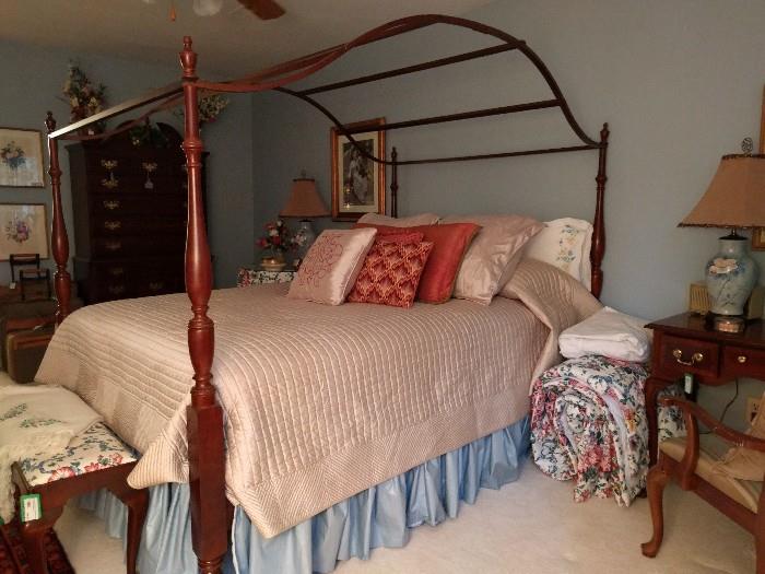 Nicely re-made mahogany canopy bed. Originally, it had a sea of (bad) floral bedspread. I toned it down with a very neutral spread, BUT, see the floral thing rolled up next to the bed? YOU CAN HAVE IT as a gift with purchase. We're just that nice, here at A Southern Spirit estate sales. Tell your friends. Not your enemies.