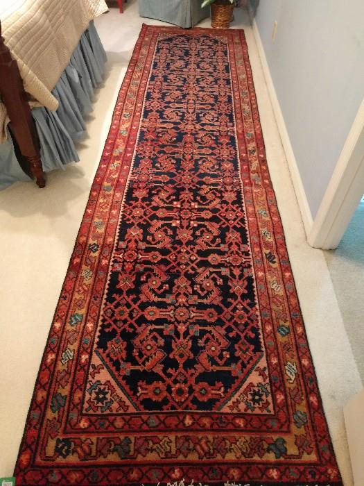 Fantastic Persian tribal Hamadan runner, hand-woven, 100% wool rug; measures 3' 5" x 13' 3". This pic is taken from the light side, next pic is from the dark side.
