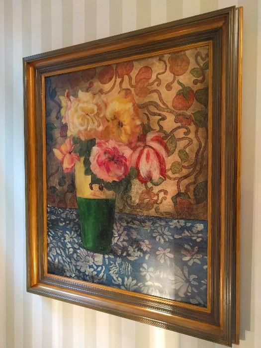 HUGE original, artist signed oil painting, by Eugene Tava. titled Roses; measures 5' x 4'.
