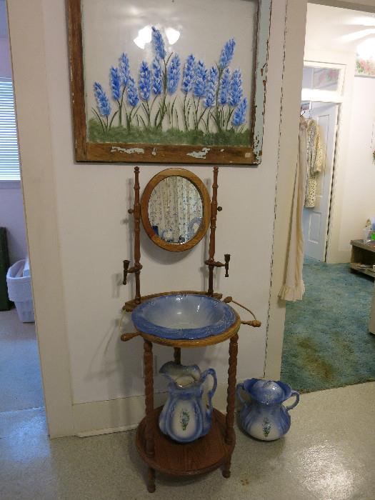 Antique Wooden Wash Stand With Mirror, Basin, Pitcher, Towel & Candlestick Holders, Chamber Pot Sold Separately. Beautiful Vintage Wood Window Frame with Painted Blue Bonnets. All Very Nice! 