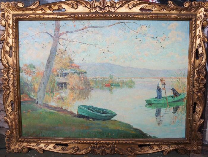 Original oil by Mario Tamburini titled 'Torre Del Lago Puccini' - Signed lower left on on rear.